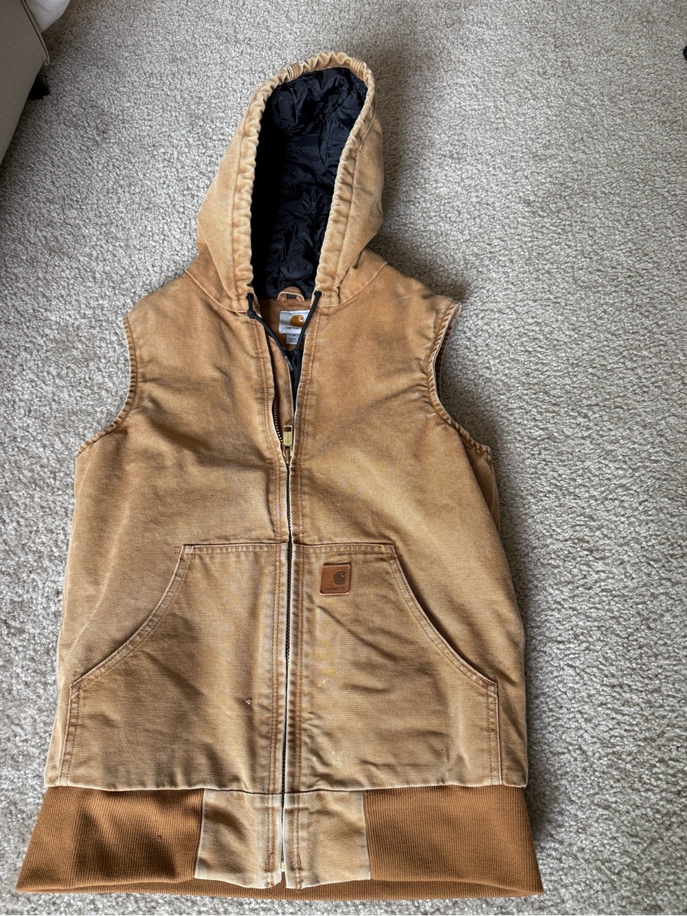 Carhartt Tan Hooded Work Vest with Black Lining size Small